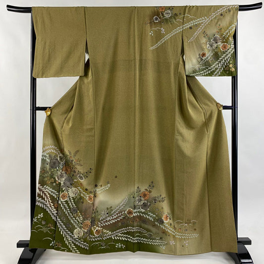 訪問服 身長164cm 袖長67.5cm L 雙層 辻花染圖案 絞染 金銀彩 茶綠 純蠶絲 名品級