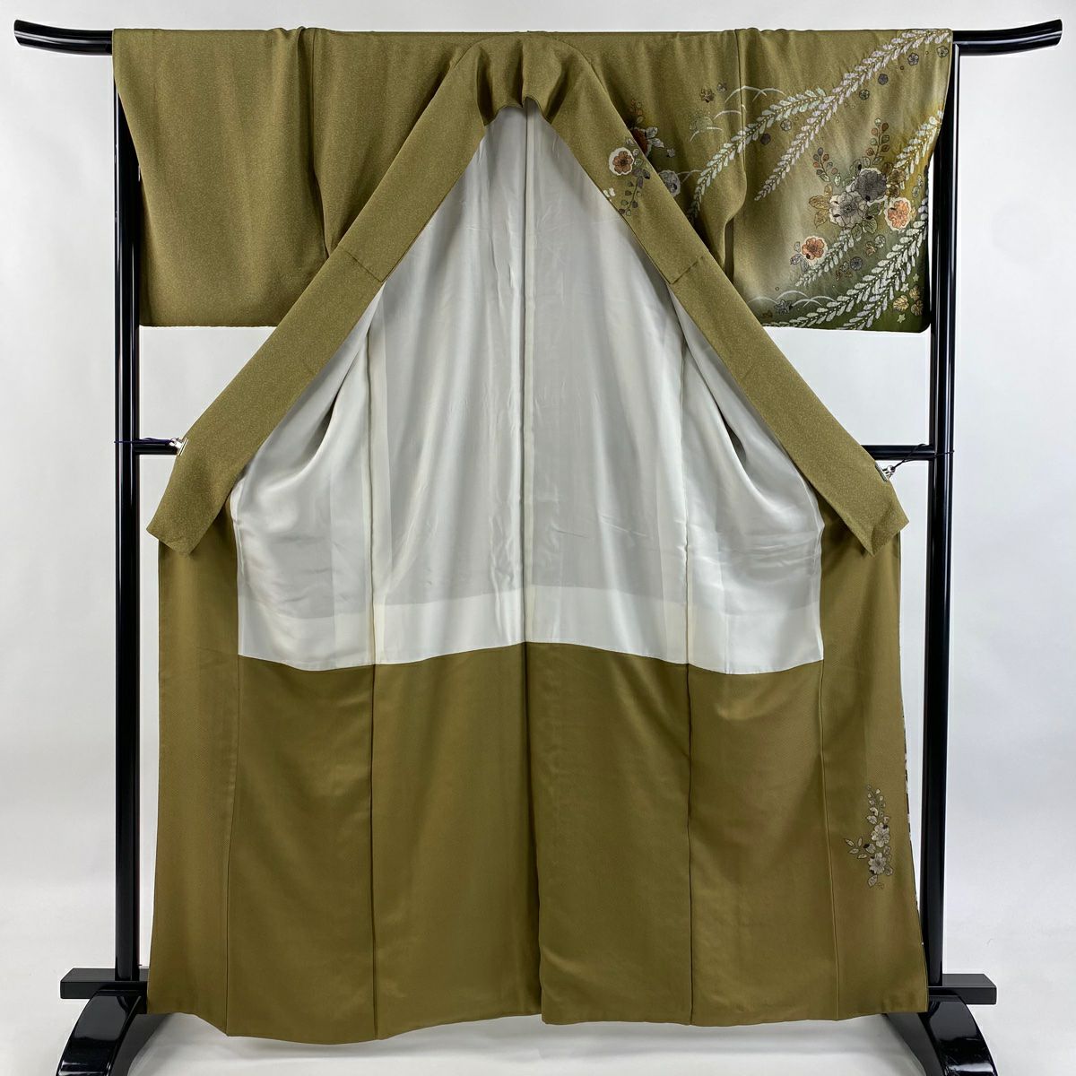 訪問服 身長164cm 袖長67.5cm L 雙層 辻花染圖案 絞染 金銀彩 茶綠 純蠶絲 名品級