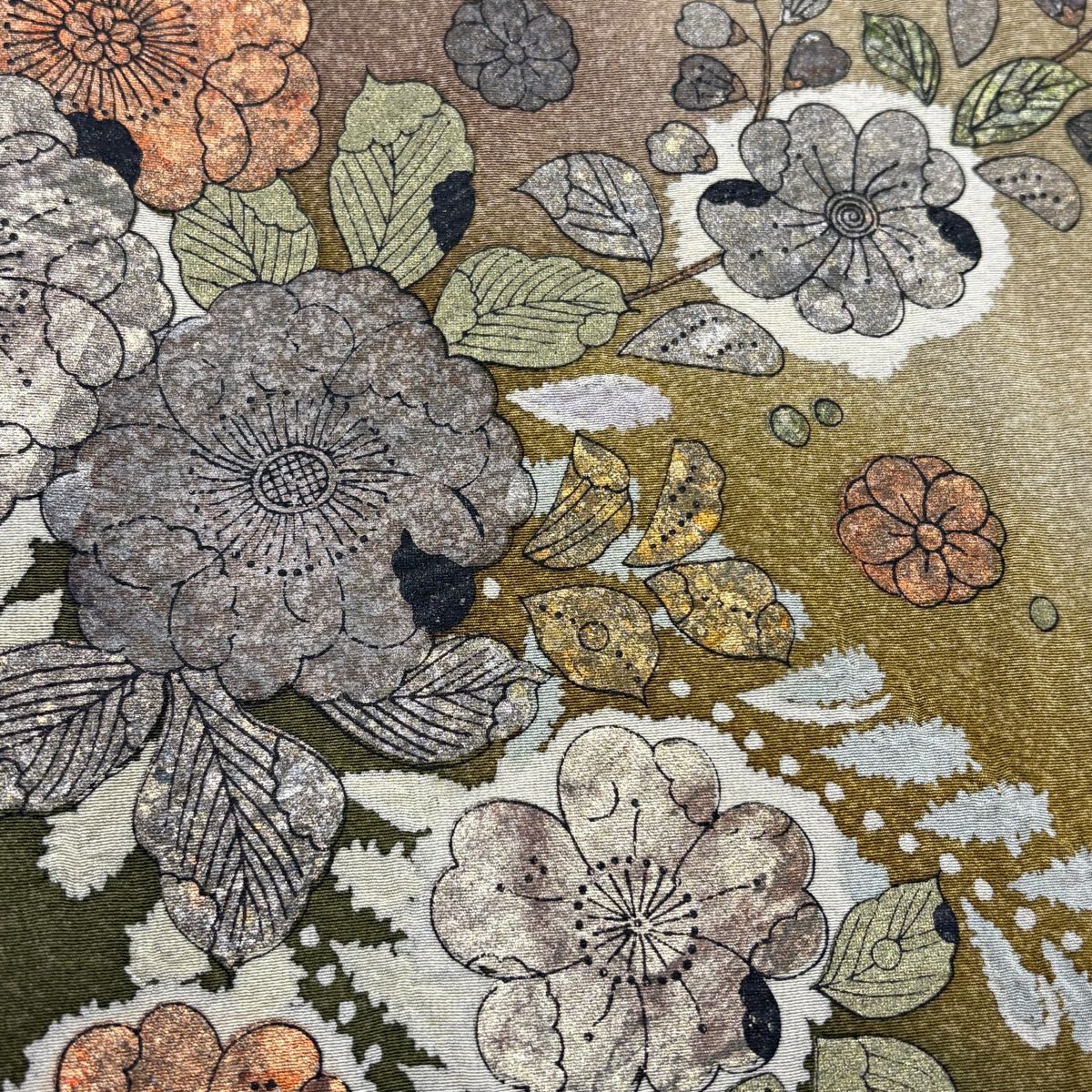 訪問服 身長164cm 袖長67.5cm L 雙層 辻花染圖案 絞染 金銀彩 茶綠 純蠶絲 名品級