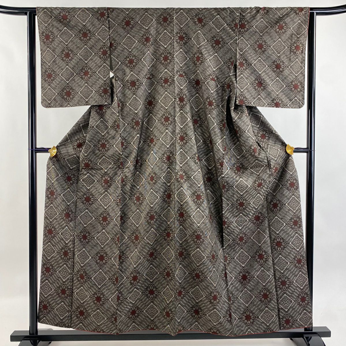 紬織 身長157.5cm 袖長63cm S 雙層 菱花 焦茶 純蠶絲 名品級