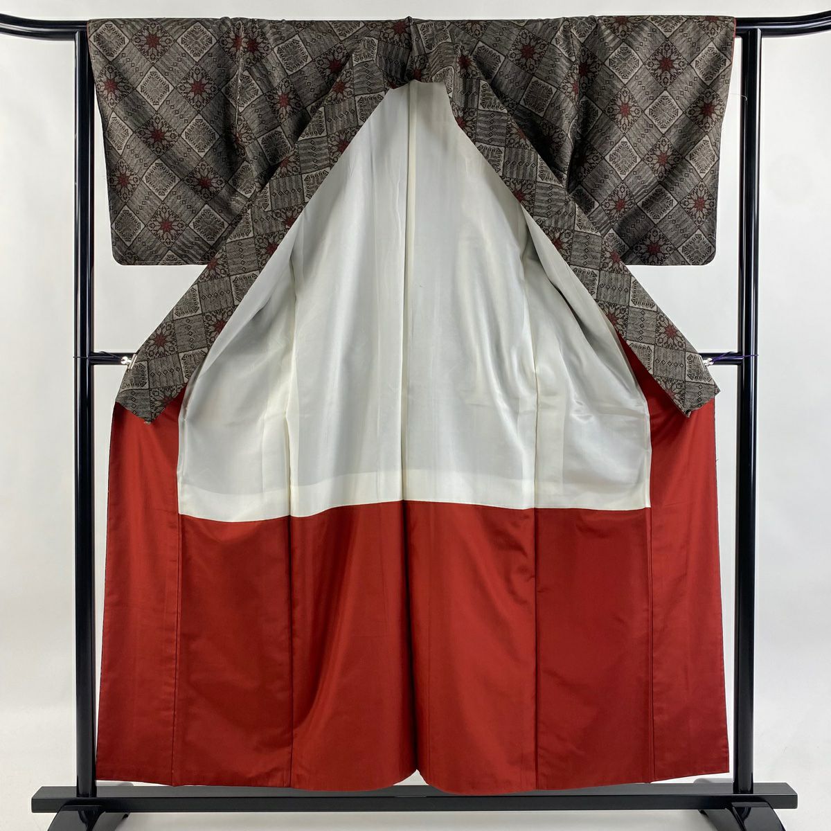 紬織 身長157.5cm 袖長63cm S 雙層 菱花 焦茶 純蠶絲 名品級