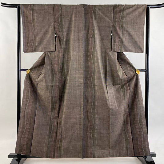 【美品】 大島織 身長161cm 袖長63cm S 雙層 純泥染 證書附帶 幾何學 焦茶 純蠶絲 名品級