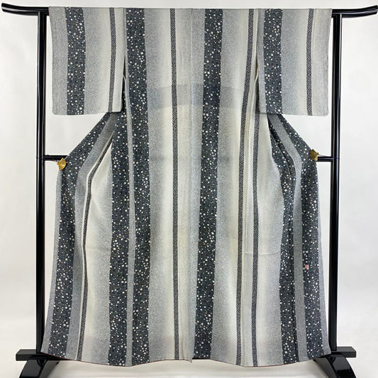 【美品】 小紋 身長160cm 袖長61cm S 雙層 落款あり 格子 草花紋紋 灰色 純蠶絲 名品級