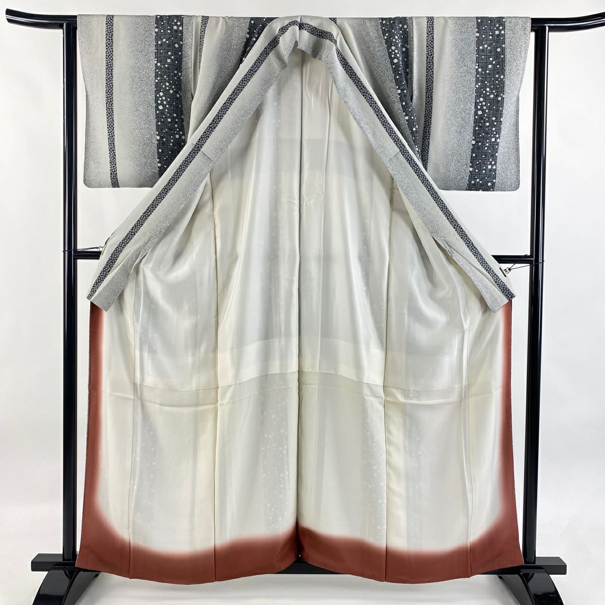 【美品】 小紋 身長160cm 袖長61cm S 雙層 落款あり 格子 草花紋紋 灰色 純蠶絲 名品級