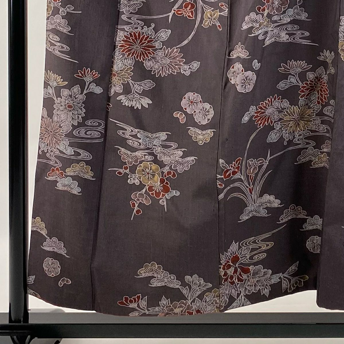 小紋 身長156cm 袖長63.5cm S 雙層 紬織織 菊花花 梅花花 灰紫 純蠶絲 名品級