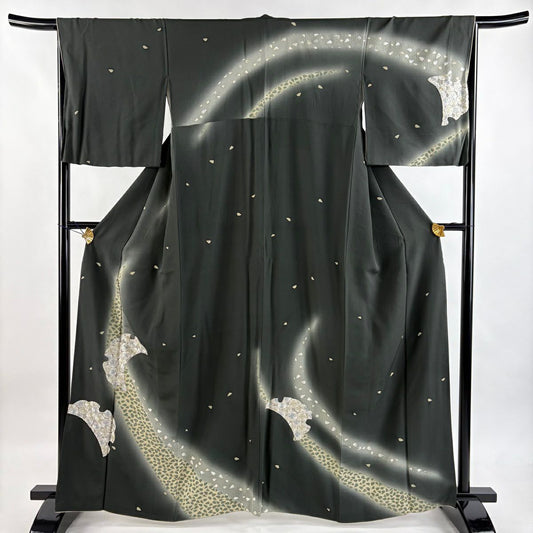 訪問服 身長163cm 袖長67cm M 雙層 櫻花 雪芝 刺繡 金線 深綠 純蠶絲 逸品級