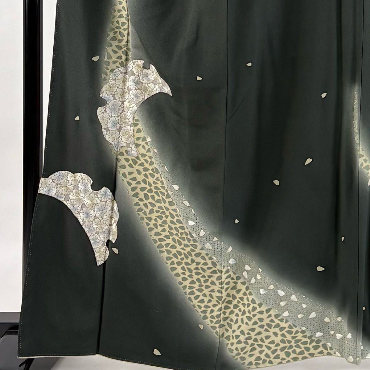 訪問服 身長163cm 袖長67cm M 雙層 櫻花 雪芝 刺繡 金線 深綠 純蠶絲 逸品級
