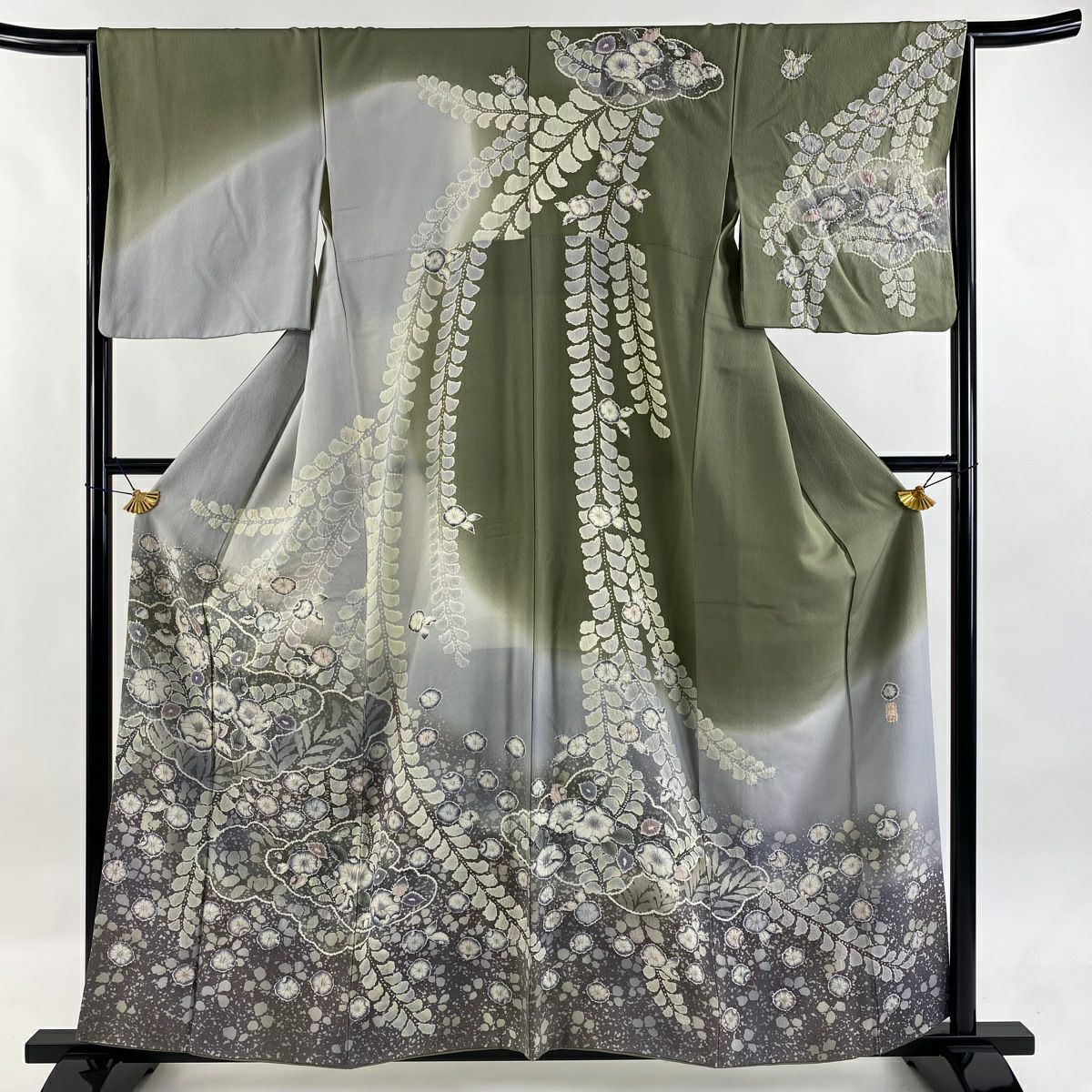 【美品】訪問服 身長159cm 袖長64.5cm M 雙層 落款あり 辻花染 漸層 灰綠 純蠶絲 逸品級