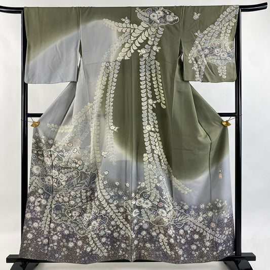 【美品】訪問服 身長159cm 袖長64.5cm M 雙層 落款あり 辻花染 漸層 灰綠 純蠶絲 逸品級