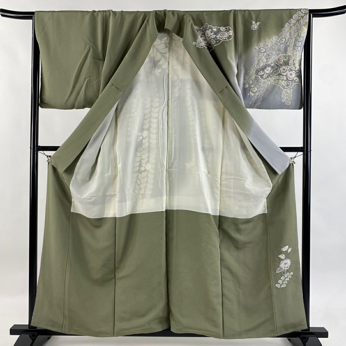 【美品】訪問服 身長159cm 袖長64.5cm M 雙層 落款あり 辻花染 漸層 灰綠 純蠶絲 逸品級