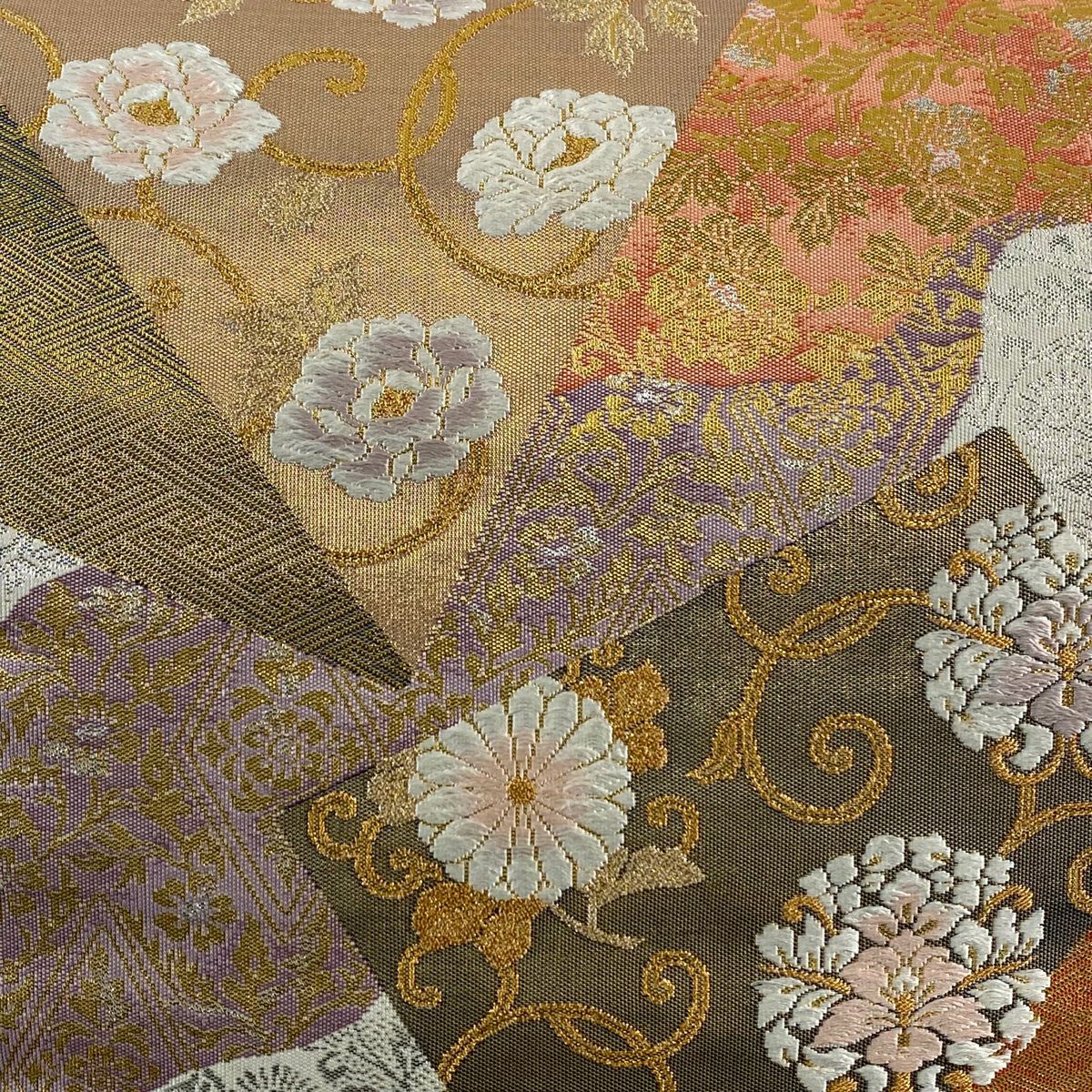 【美品】 袋帶 秀品級 關西仕立 花唐草紋 色紙 刺繡 金金箔 奶油 六通 純蠶絲