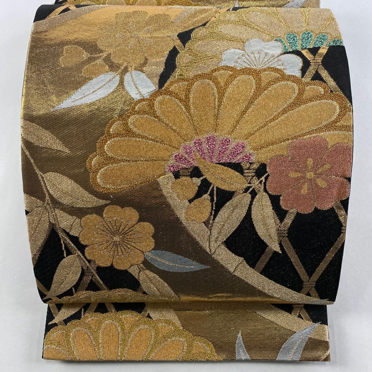 【美品】 袋帶 秀品級 樱花 竹子 金絲 金金箔 黑 六通 純蠶絲