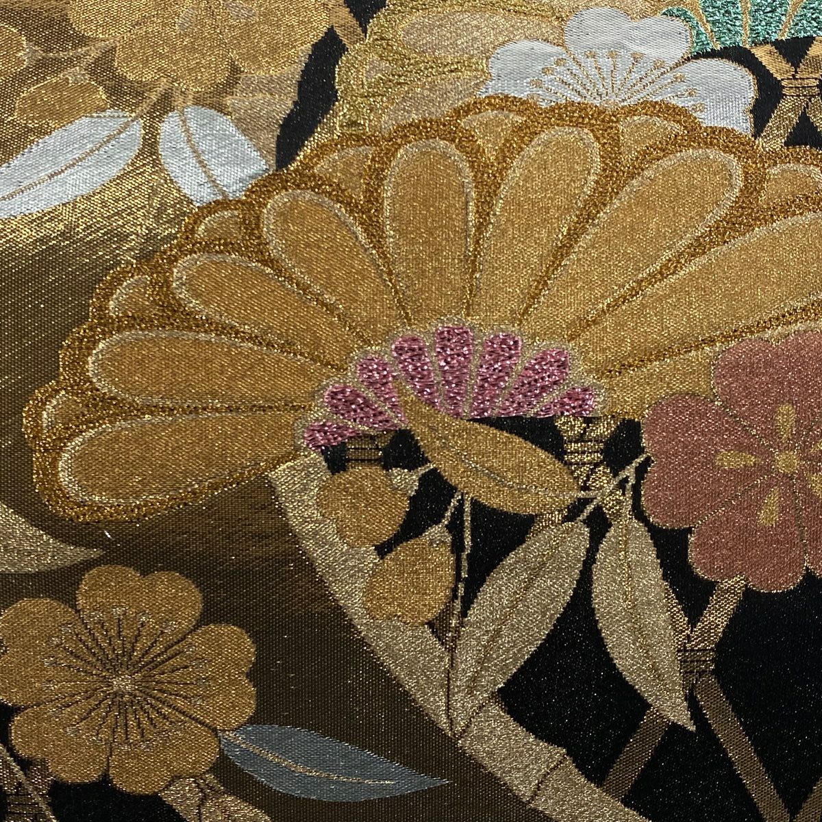 【美品】 袋帶 秀品級 樱花 竹子 金絲 金金箔 黑 六通 純蠶絲
