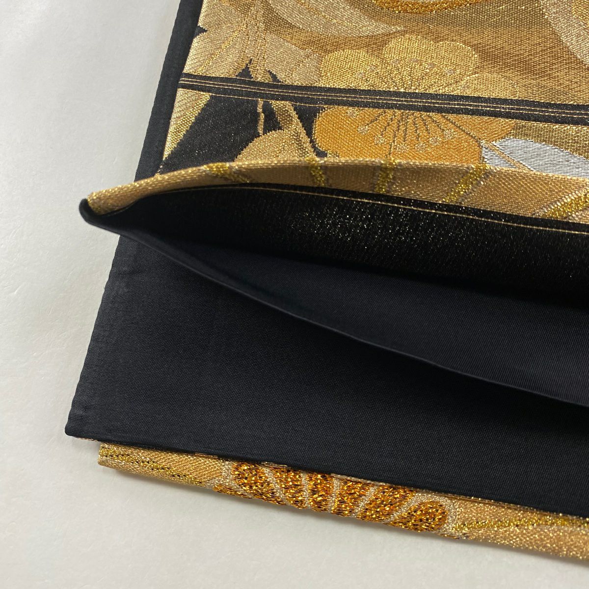 【美品】 袋帶 秀品級 樱花 竹子 金絲 金金箔 黑 六通 純蠶絲