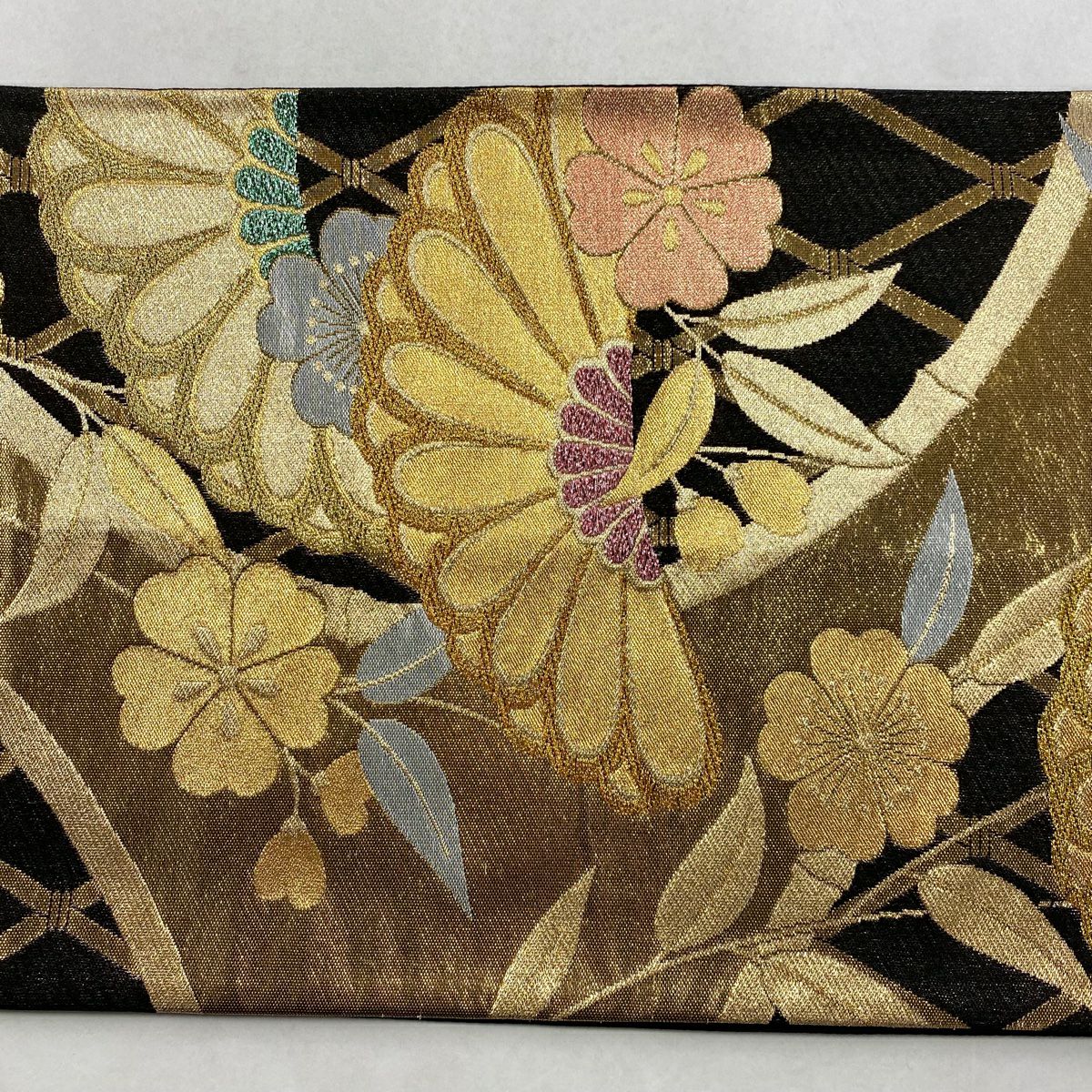 【美品】 袋帶 秀品級 樱花 竹子 金絲 金金箔 黑 六通 純蠶絲