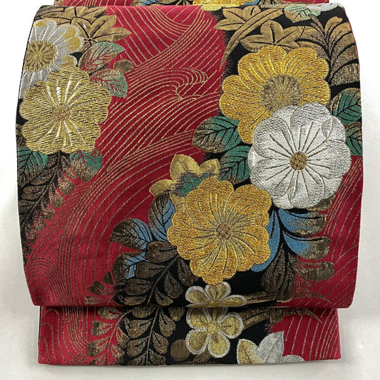 袋帶 秀品級 草花紋紋 波 金絲 金金箔 紅 六通 純蠶絲