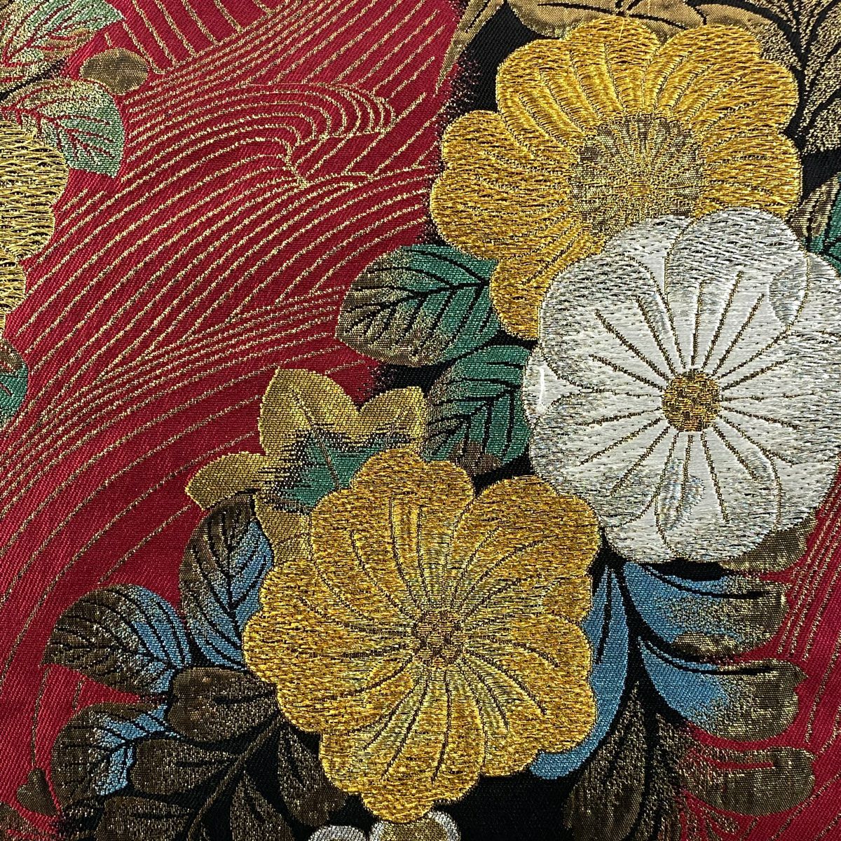 袋帶 秀品級 草花紋紋 波 金絲 金金箔 紅 六通 純蠶絲