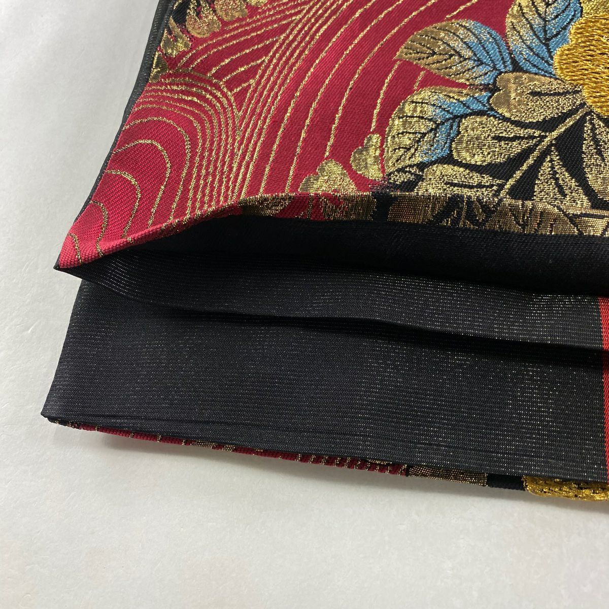 袋帶 秀品級 草花紋紋 波 金絲 金金箔 紅 六通 純蠶絲
