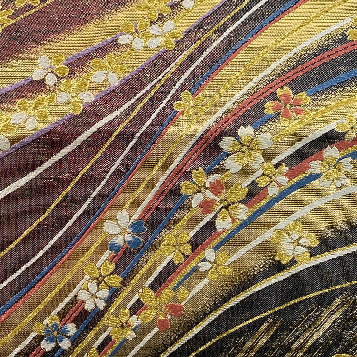 【美品】 袋帶 秀品級 樱花 斜條 金金箔 唐織 深紅 六通 純蠶絲