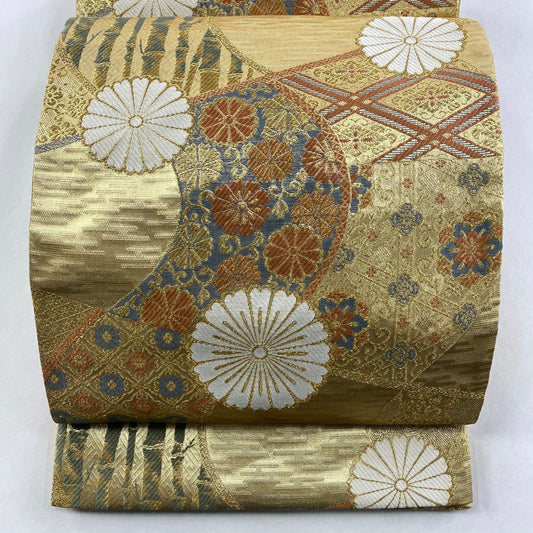 袋帶 秀品級 菊花唐草紋 竹子 唐織 金金箔 金色 六通 純蠶絲