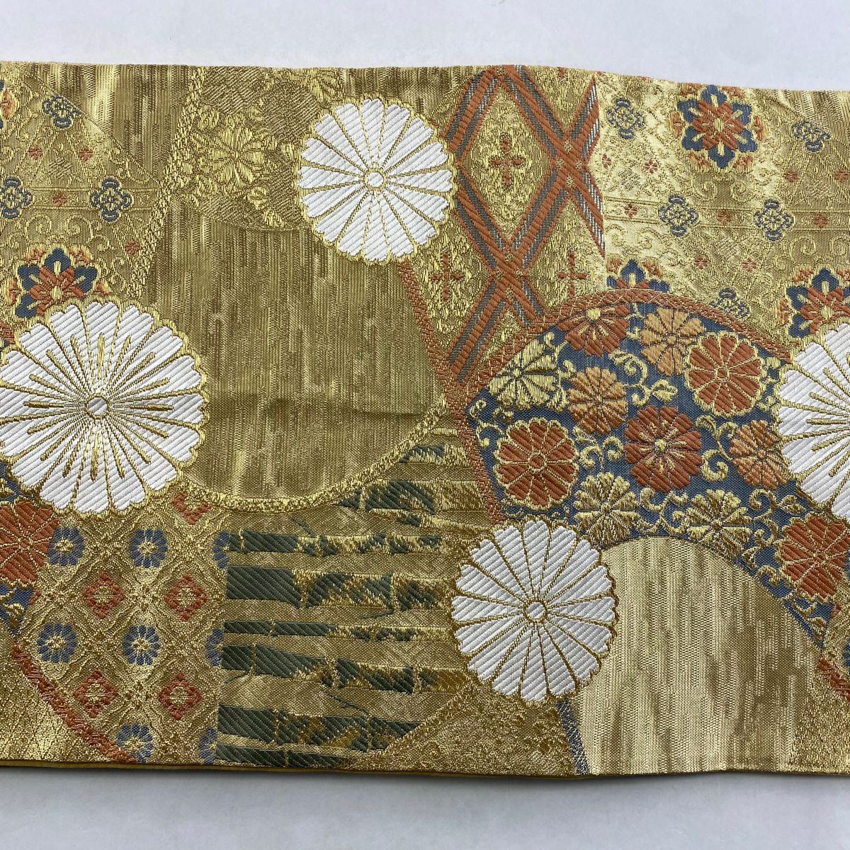 袋帶 秀品級 菊花唐草紋 竹子 唐織 金金箔 金色 六通 純蠶絲
