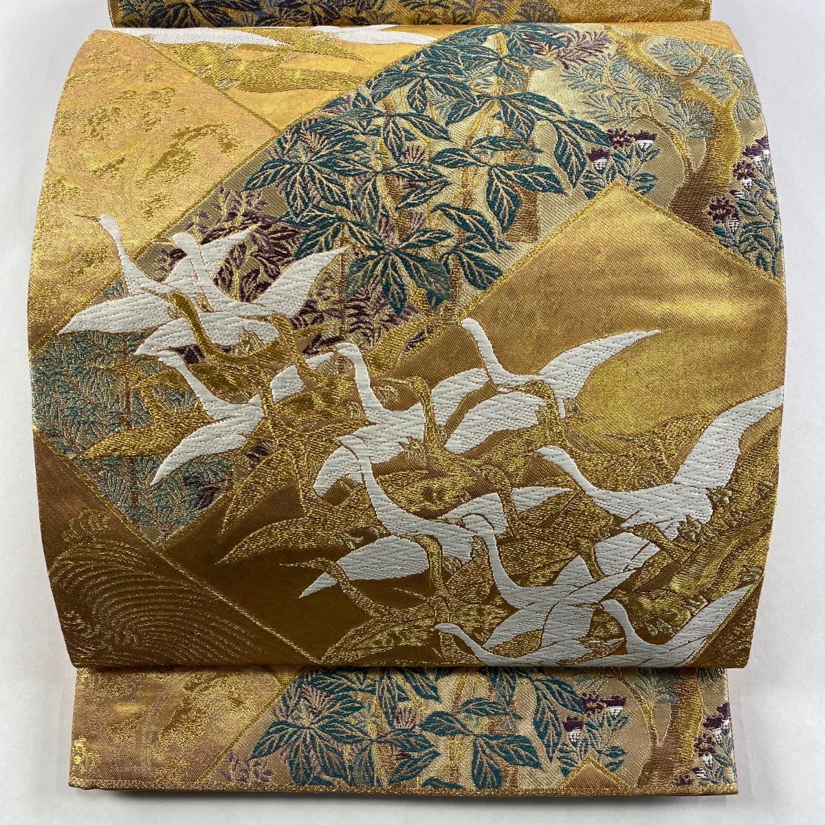 【美品】 袋帶 秀品級 仙鶴 枝葉 唐織 金金箔 金色 六通 純蠶絲