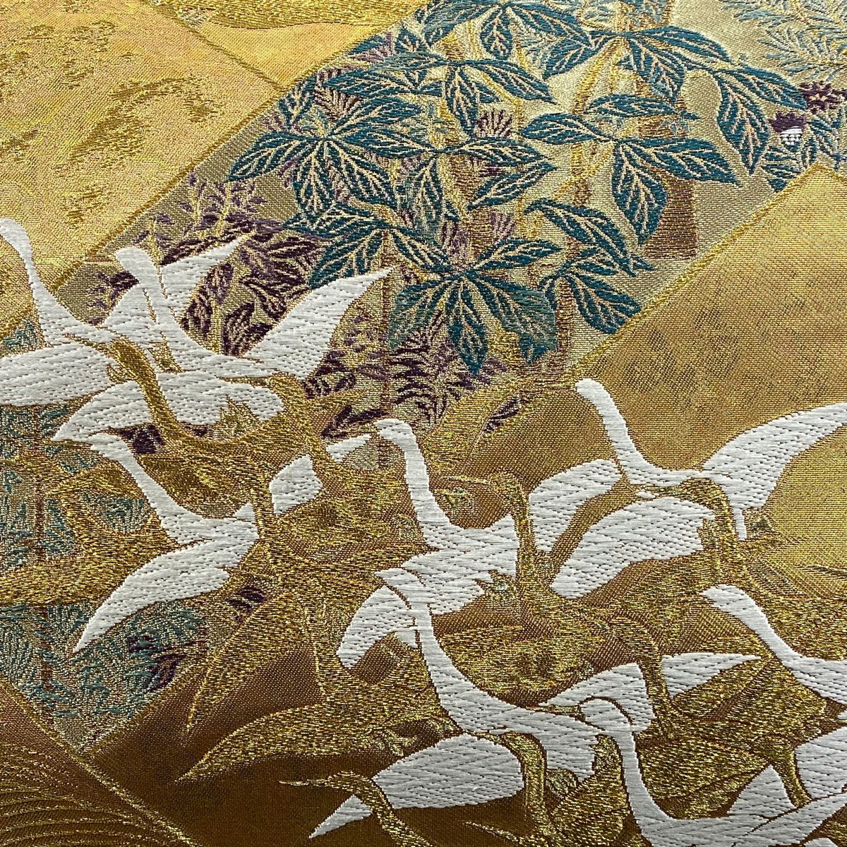 【美品】 袋帶 秀品級 仙鶴 枝葉 唐織 金金箔 金色 六通 純蠶絲