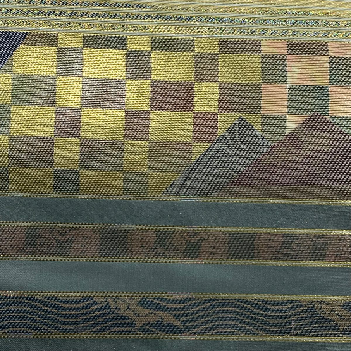 袋帶 秀品級 市松樹 牡丹 螺鈿金金箔 金金箔 灰綠 お太鼓圖案 純蠶絲