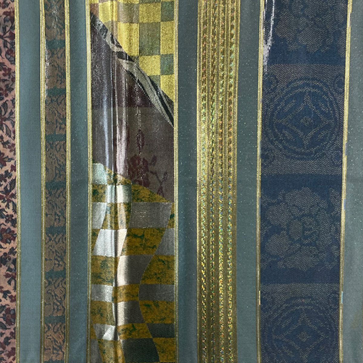 袋帶 秀品級 市松樹 牡丹 螺鈿金金箔 金金箔 灰綠 お太鼓圖案 純蠶絲