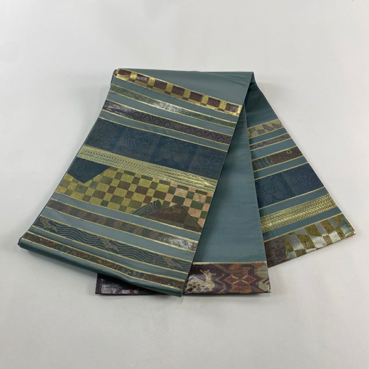 袋帶 秀品級 市松樹 牡丹 螺鈿金金箔 金金箔 灰綠 お太鼓圖案 純蠶絲