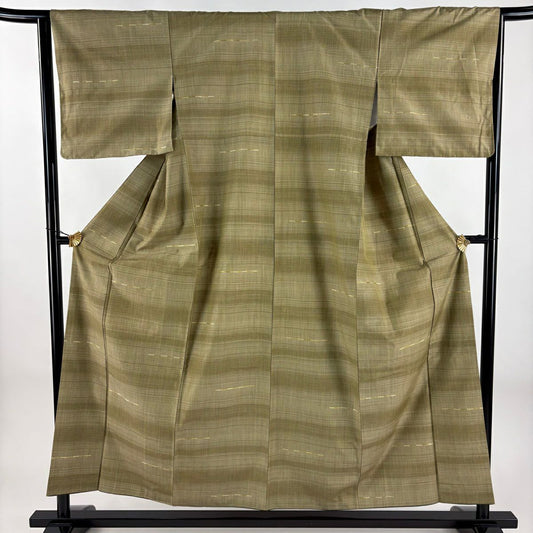 【美品】 紬織 身長156cm 袖長64cm M 雙層 縞 茶綠 純蠶絲 名品級
