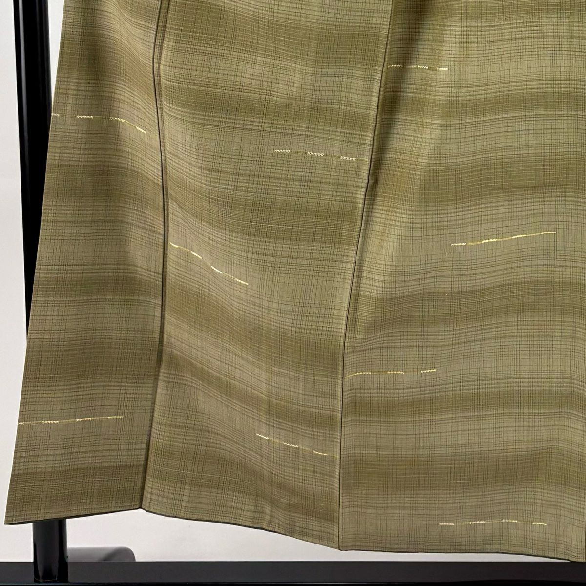 【美品】 紬織 身長156cm 袖長64cm M 雙層 縞 茶綠 純蠶絲 名品級