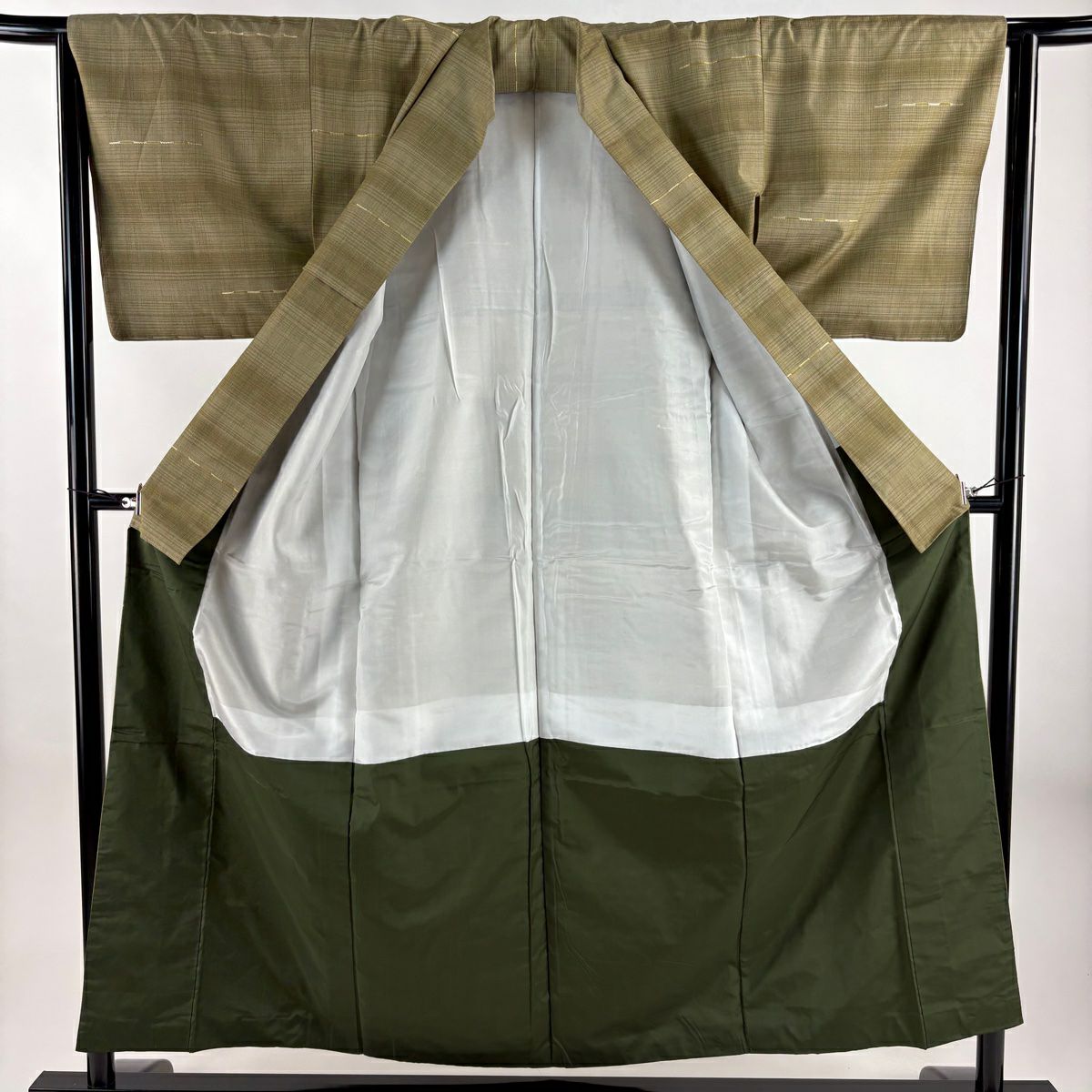 【美品】 紬織 身長156cm 袖長64cm M 雙層 縞 茶綠 純蠶絲 名品級