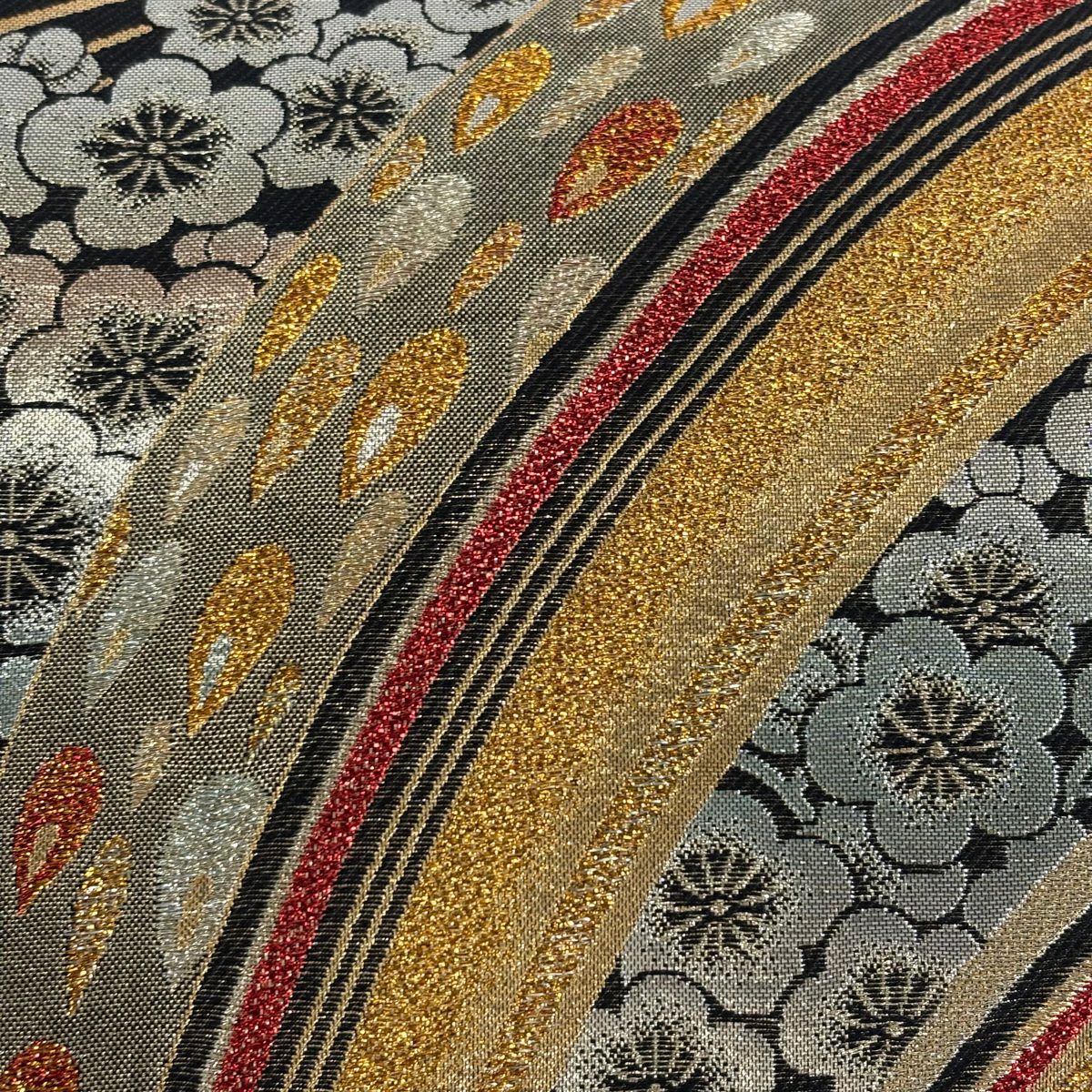 【美品】 袋帶 秀品級 振袖禮服禮服用 鳥 梅花 金金箔 金銀彩 黑色 大鼓圖案 純蠶絲