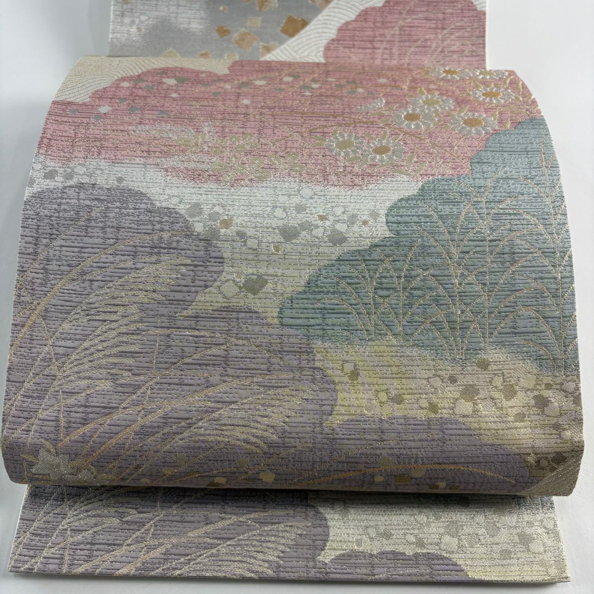 【美品】 袋帶 秀品級 草花紋紋 雲文 金銀彩 金金箔 淺粉色 六通 純蠶絲