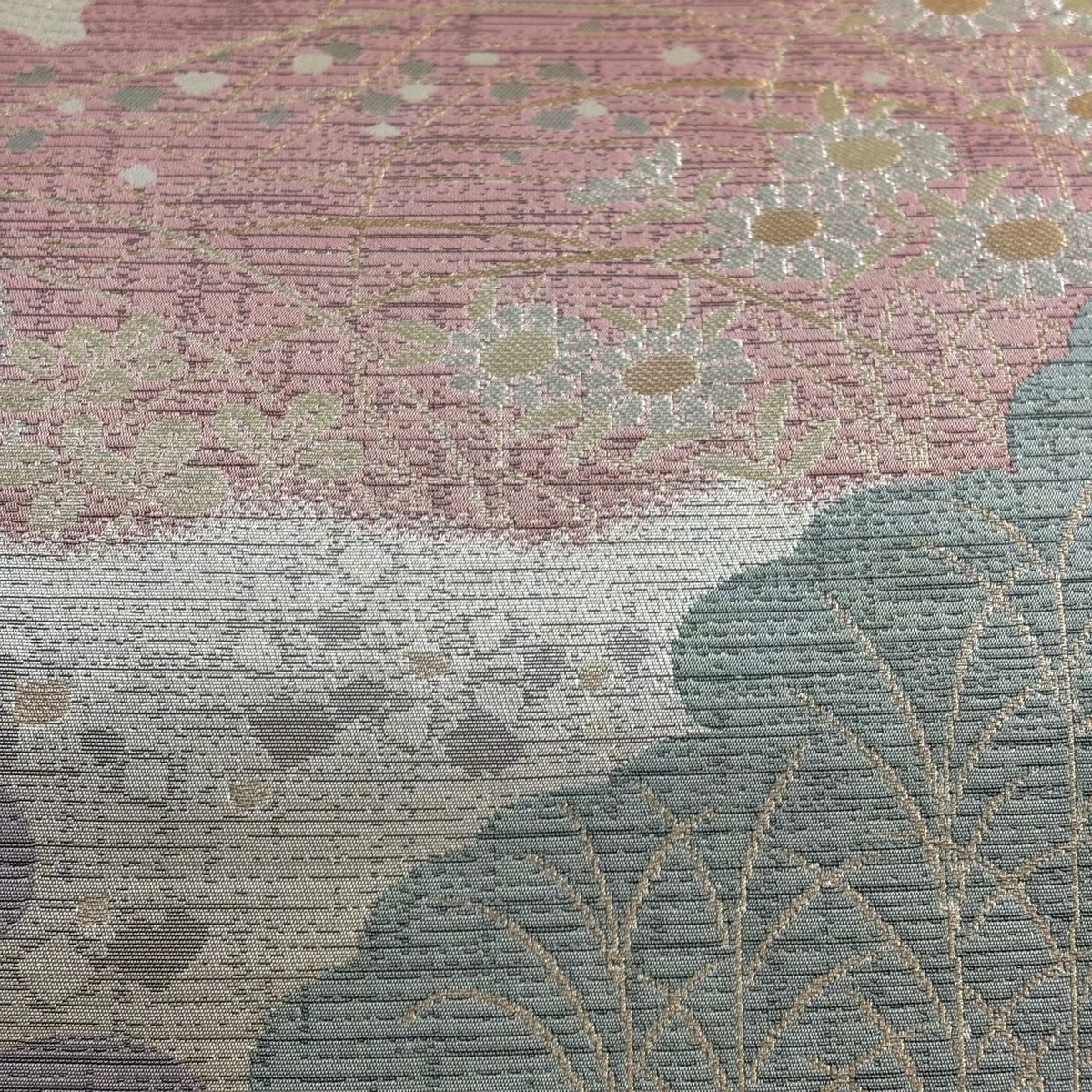 【美品】 袋帶 秀品級 草花紋紋 雲文 金銀彩 金金箔 淺粉色 六通 純蠶絲