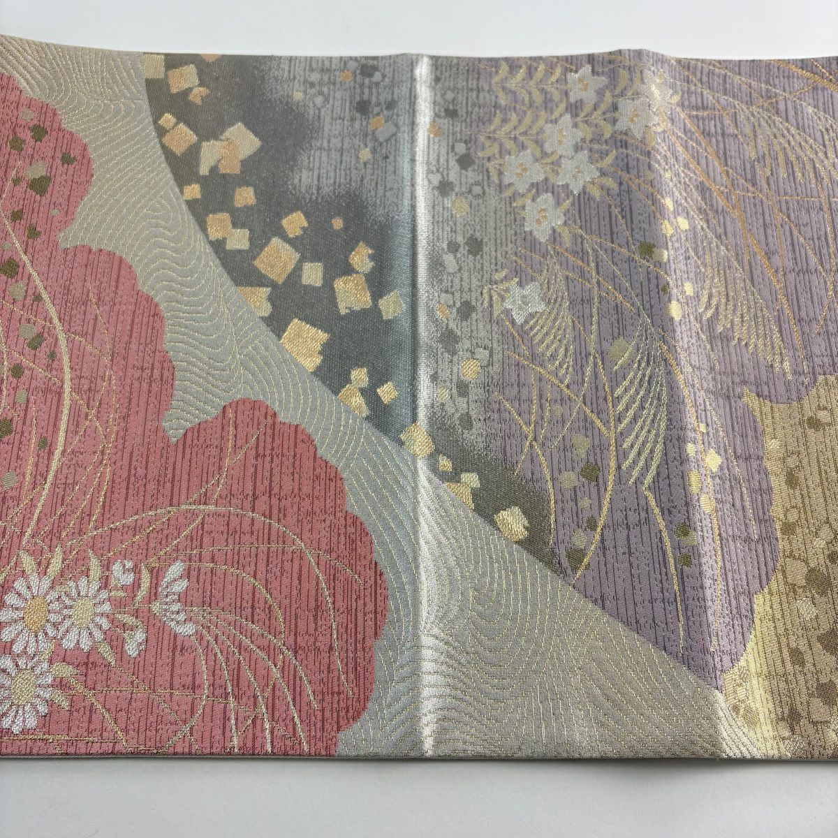 【美品】 袋帶 秀品級 草花紋紋 雲文 金銀彩 金金箔 淺粉色 六通 純蠶絲