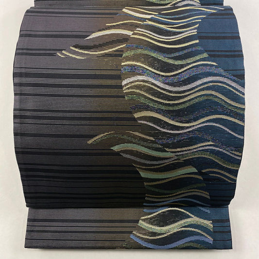 袋帶 秀品級 夏帶 よろけ縞 金金箔 青綠 六通 純蠶絲