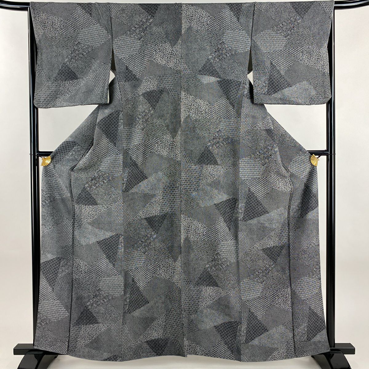 【美品】 江戶小紋 身長161cm 袖長65cm M 雙層 寄せ柄 花 黑灰 純蠶絲 名品級