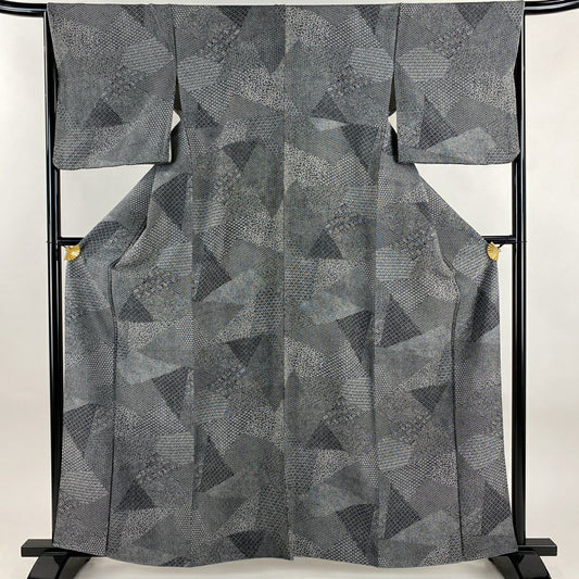 【美品】 江戶小紋 身長161cm 袖長65cm M 雙層 寄せ柄 花 黑灰 純蠶絲 名品級