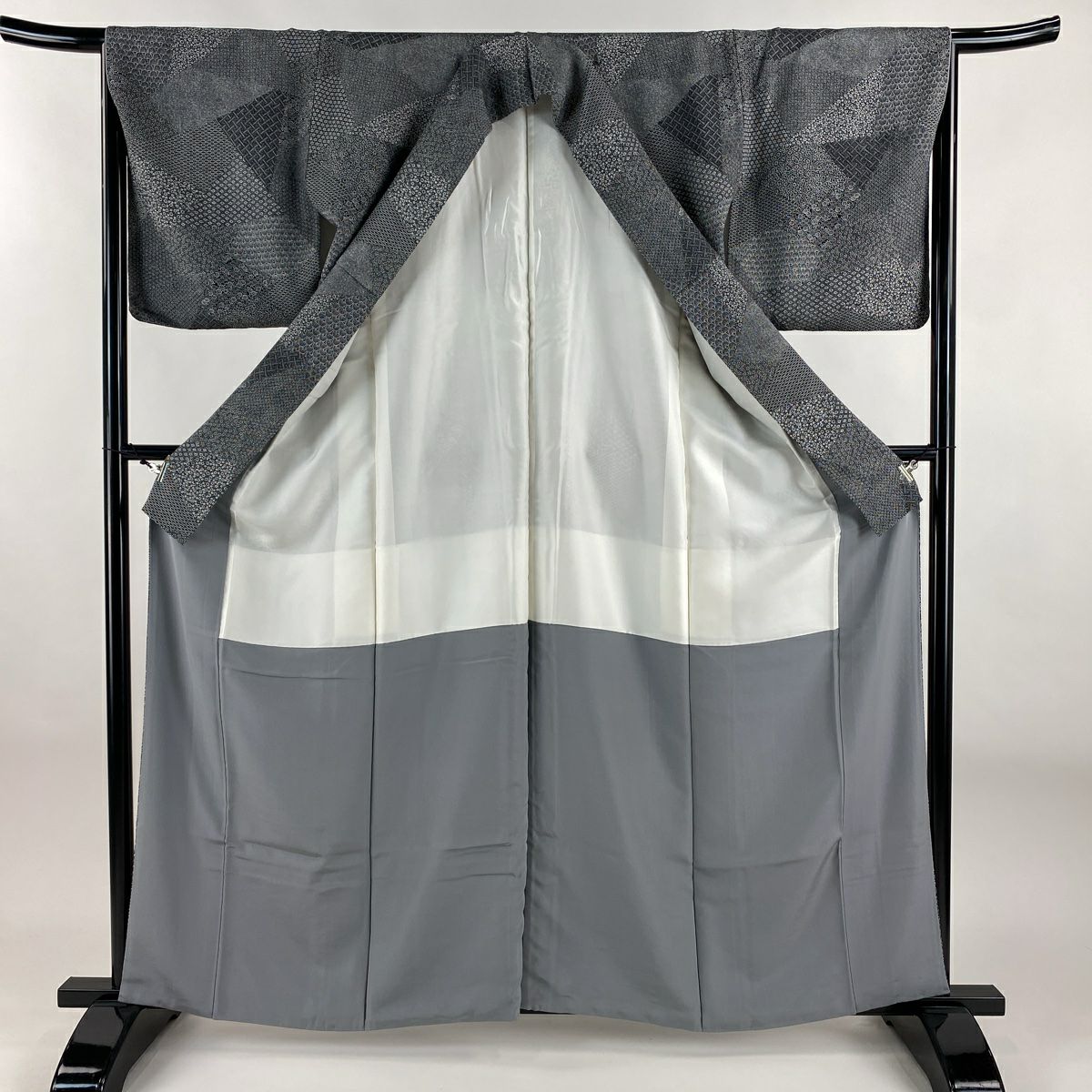 【美品】 江戶小紋 身長161cm 袖長65cm M 雙層 寄せ柄 花 黑灰 純蠶絲 名品級