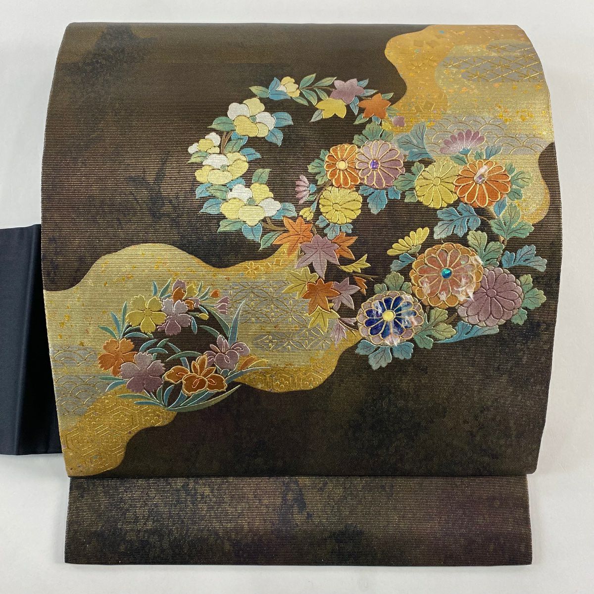 名古屋帶 秀品級 花丸紋 霞 螺鈿 金銀彩 黑 純蠶絲