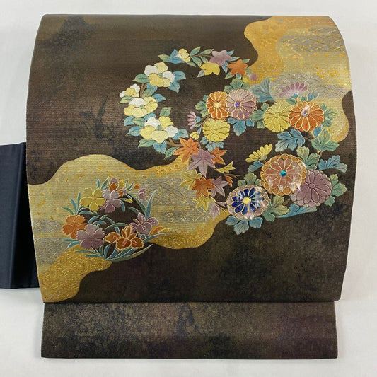 名古屋帶 秀品級 花丸紋 霞 螺鈿 金銀彩 黑 純蠶絲