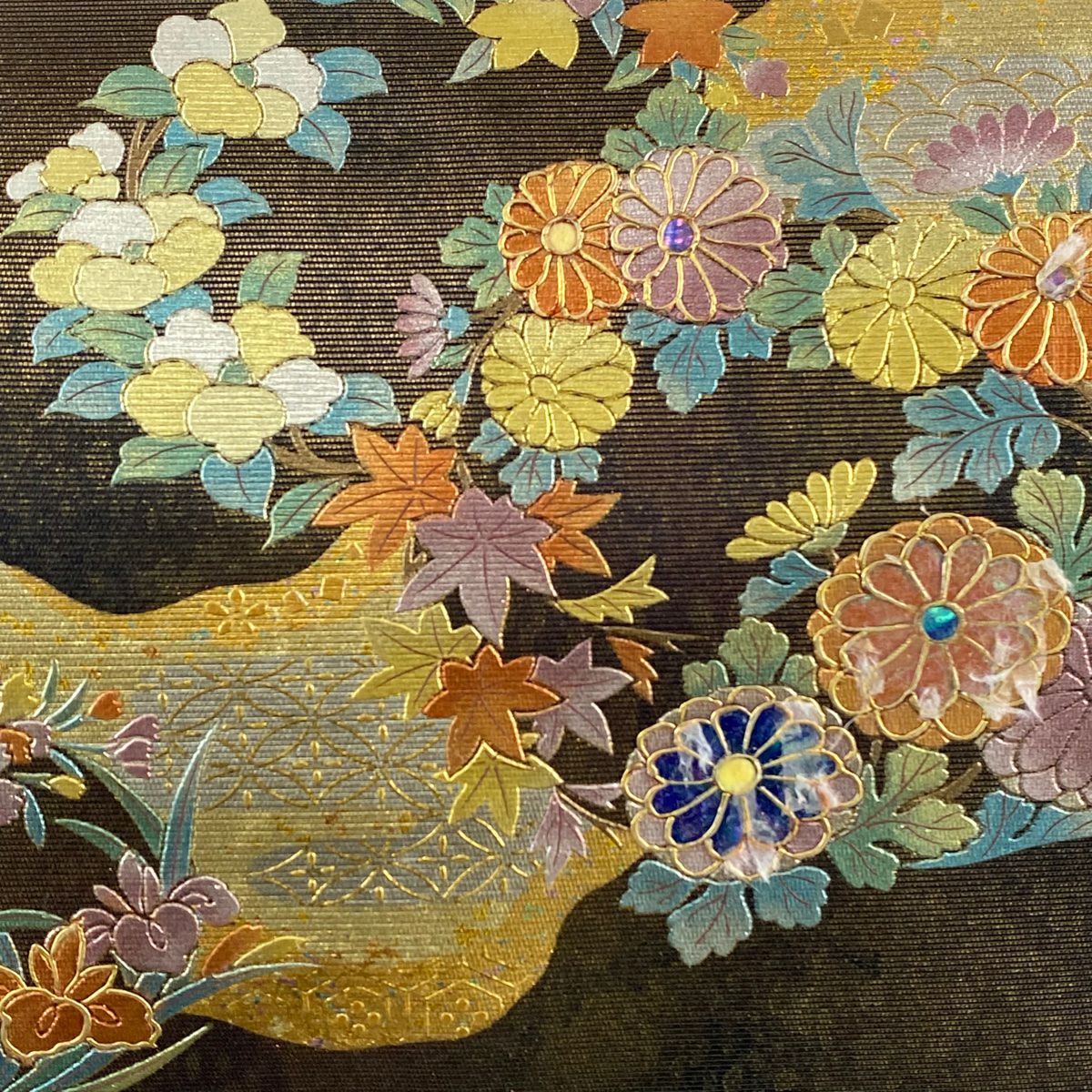 名古屋帶 秀品級 花丸紋 霞 螺鈿 金銀彩 黑 純蠶絲
