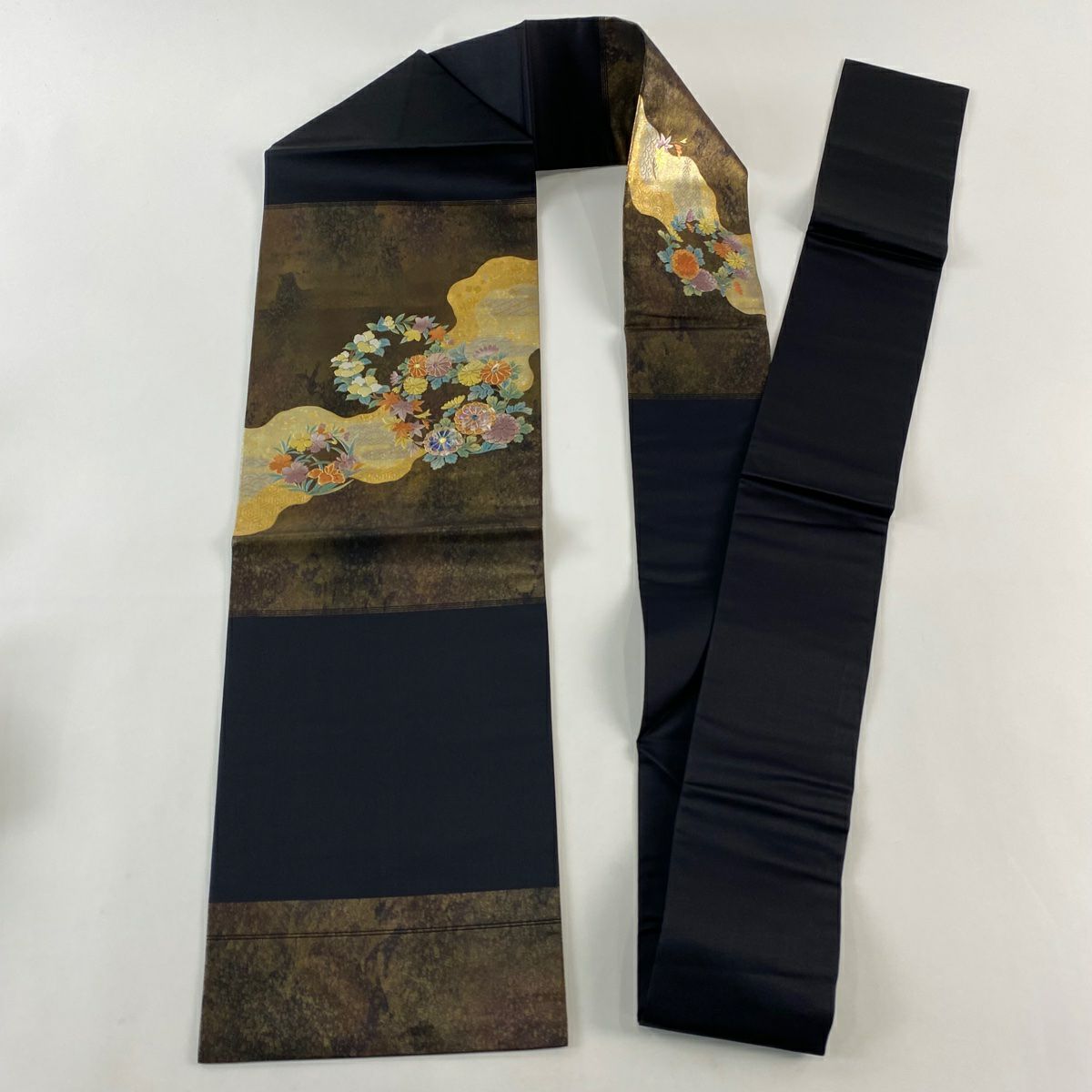 名古屋帶 秀品級 花丸紋 霞 螺鈿 金銀彩 黑 純蠶絲