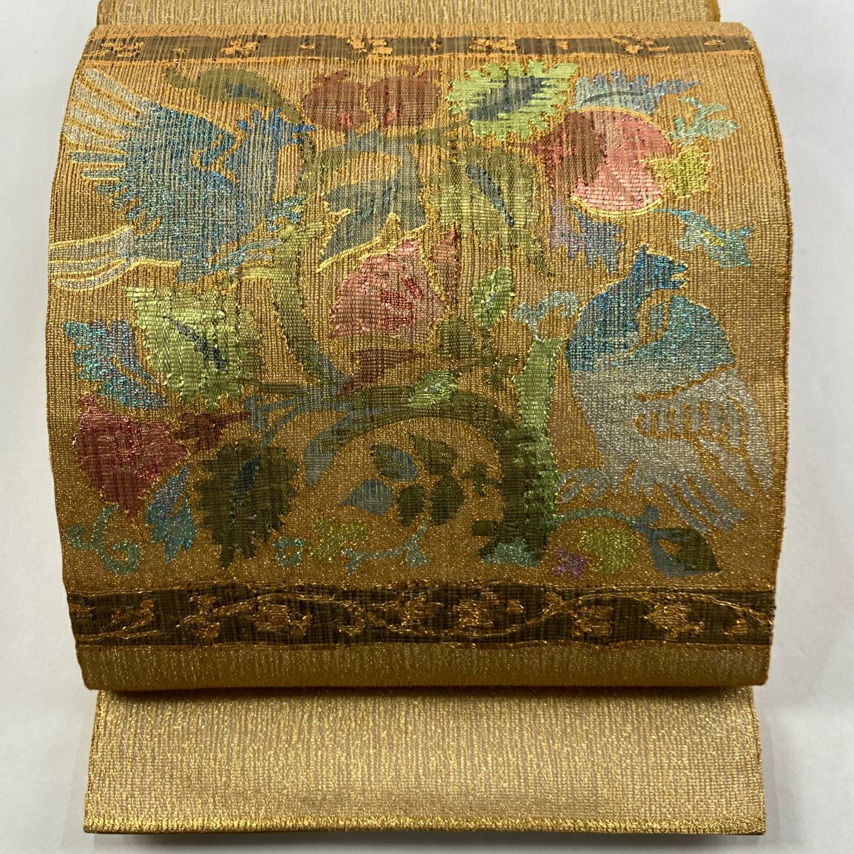 【美品】 袋帶 秀品級 關西仕立 草花紋 鳥 金金箔 金色 大鼓圖案 純蠶絲