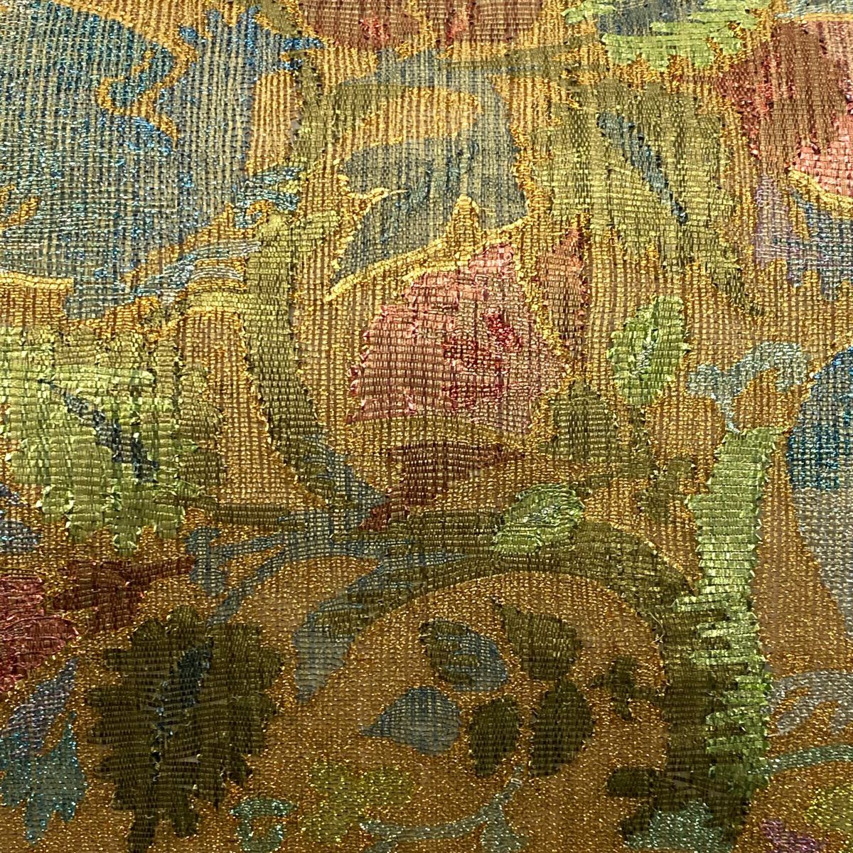【美品】 袋帶 秀品級 關西仕立 草花紋 鳥 金金箔 金色 大鼓圖案 純蠶絲