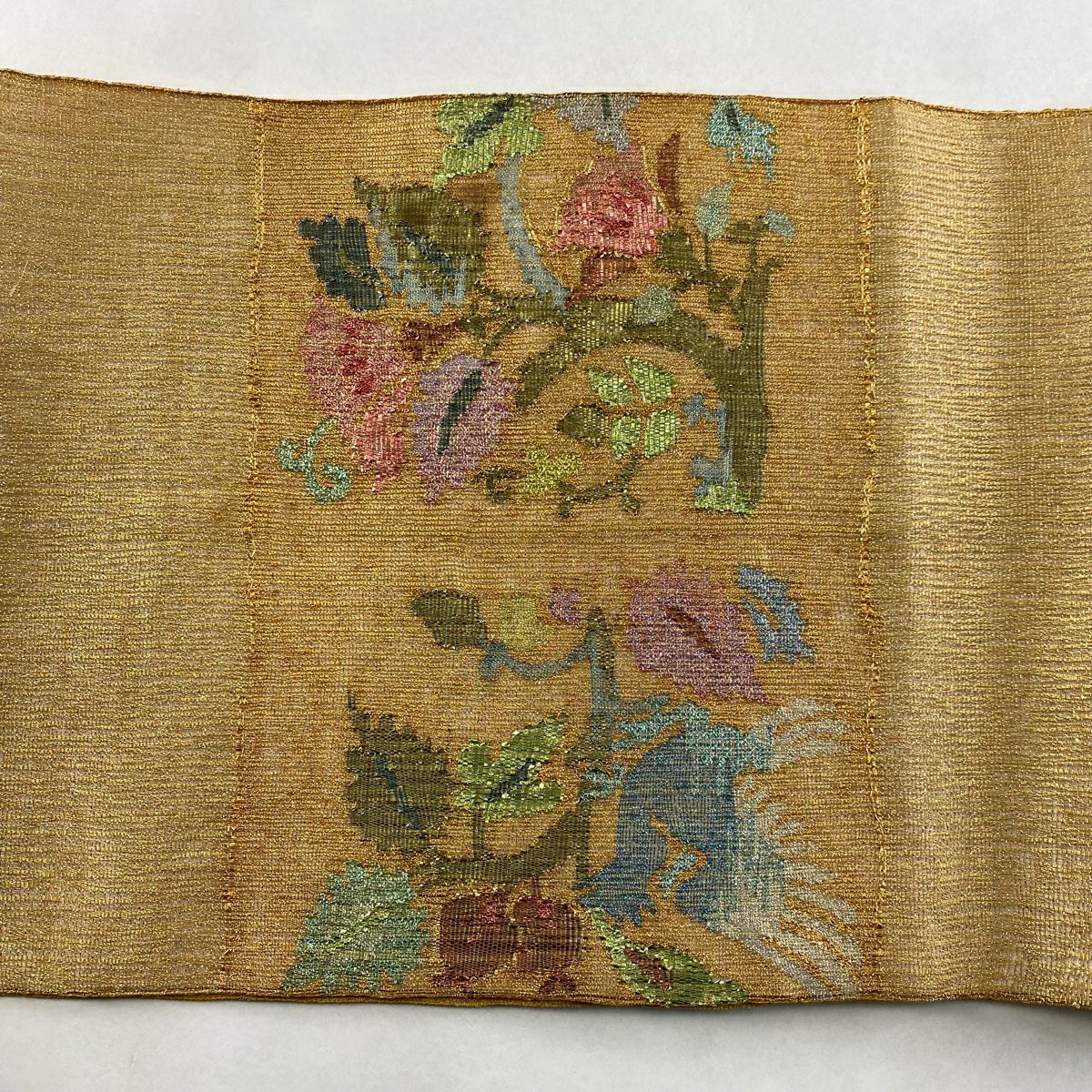 【美品】 袋帶 秀品級 關西仕立 草花紋 鳥 金金箔 金色 大鼓圖案 純蠶絲