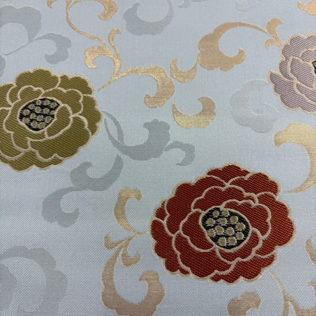 【美品】 袋帶 秀品級 花唐草紋 金金箔 金絲 灰色 六通 純蠶絲