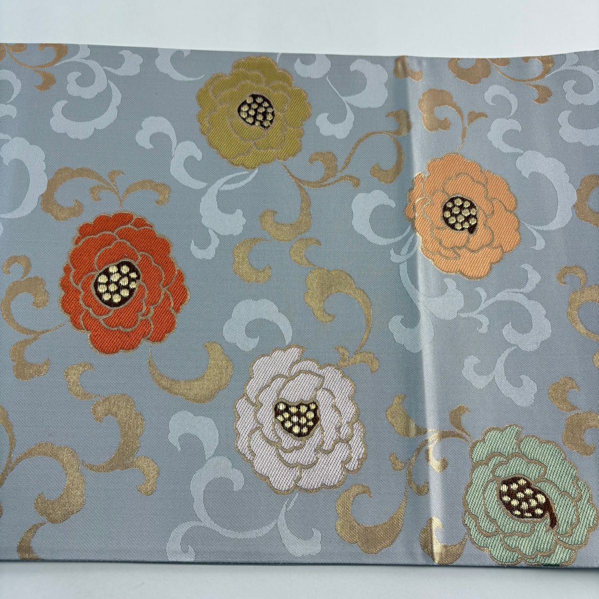【美品】 袋帶 秀品級 花唐草紋 金金箔 金絲 灰色 六通 純蠶絲